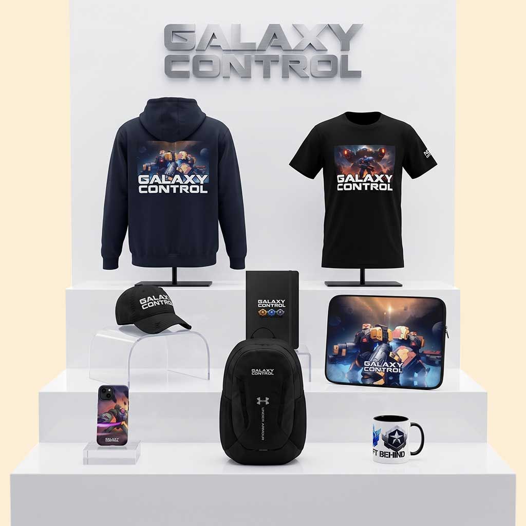 Official Galaxy Control merch on display: hoodie, t-shirt, cap, backpack, laptop sleeve, phone case, notebook, and mug